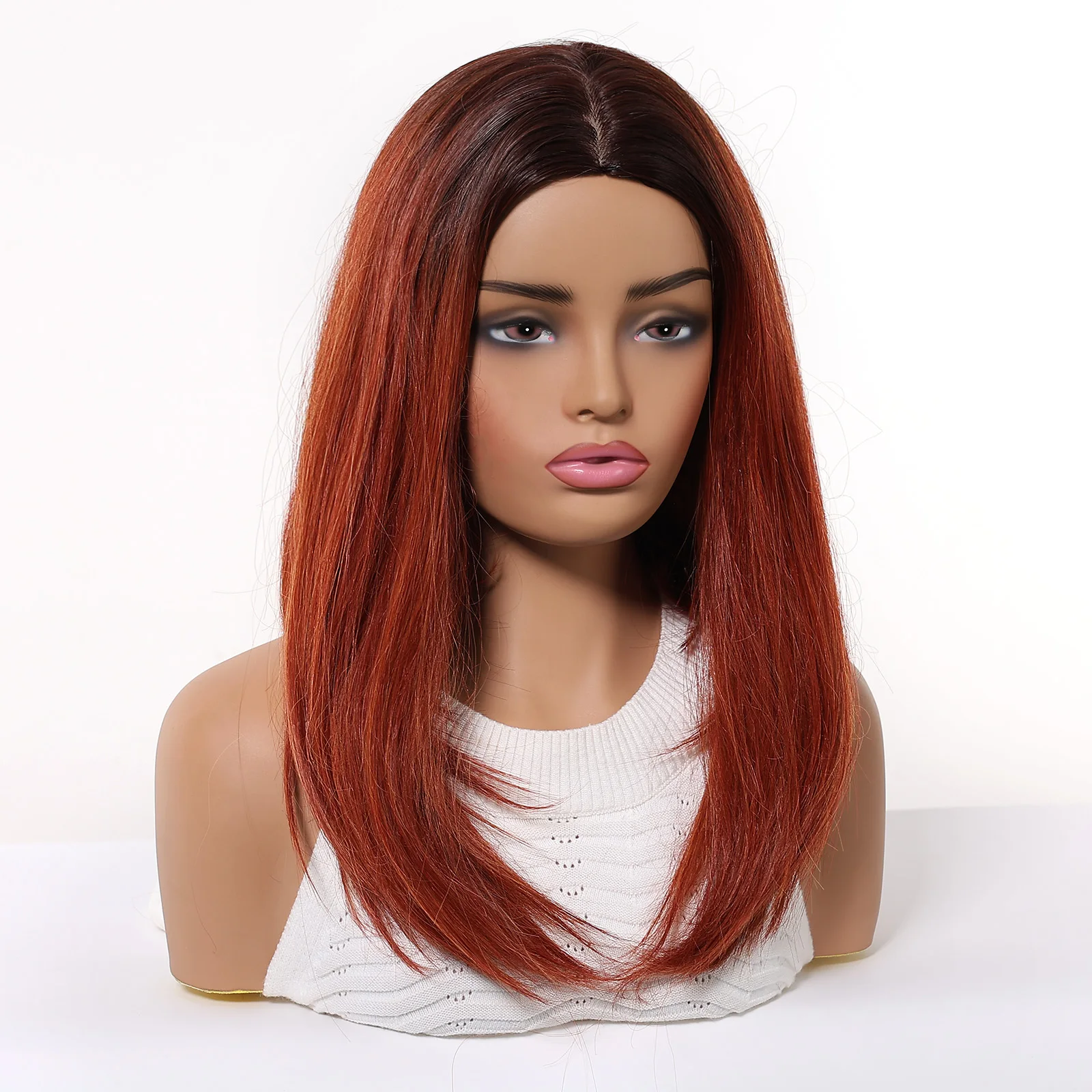 Medium Straight Synthetic Wig Dark Brown To Red Layered Wigs for Women Daily Cosplay Party Use Heat Resistant Fibre Fake Hair