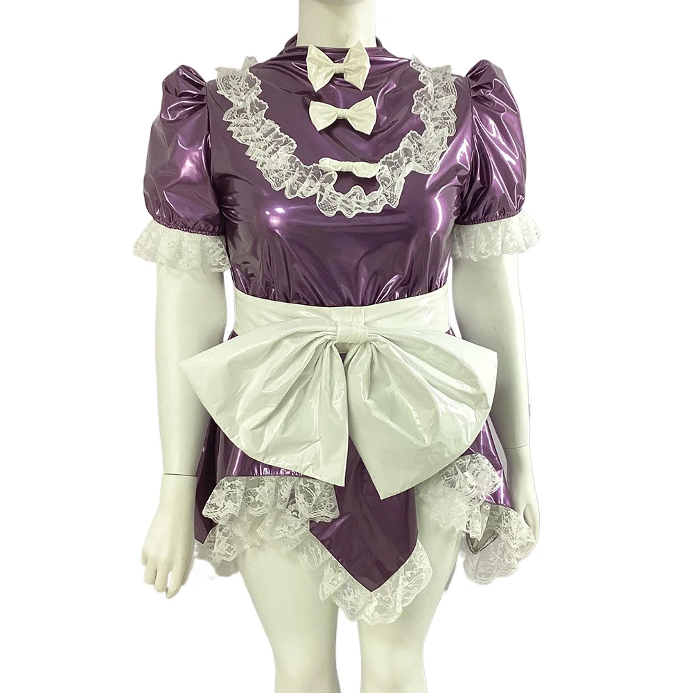 Wetlook-Short Puff Sleeve PVC Maid Uniforms, Plus Size Bow, Irregular Skirt, Pleated Maid Dress, Ruffles Apron, Party Cosplay