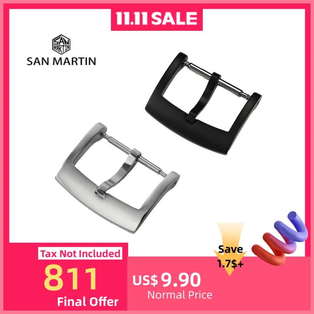 

San Martin Watch Band Buckle 18mm Men Watchband Strap Silver Bronze 316L Stainless Steel Clasp Accessories For 62MAS 007 Watch