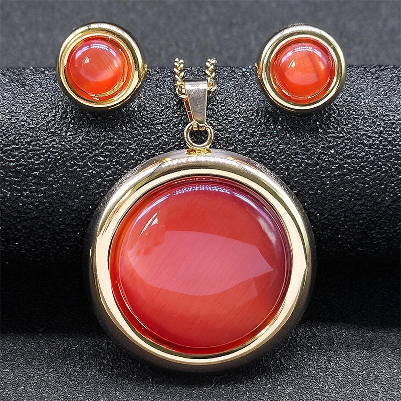 

Luxury Round Red Opal Pendant Necklace Stud Earrings Set for Women Girl Stainless Steel Gold Color Jewelry Sets bijoux SXS07