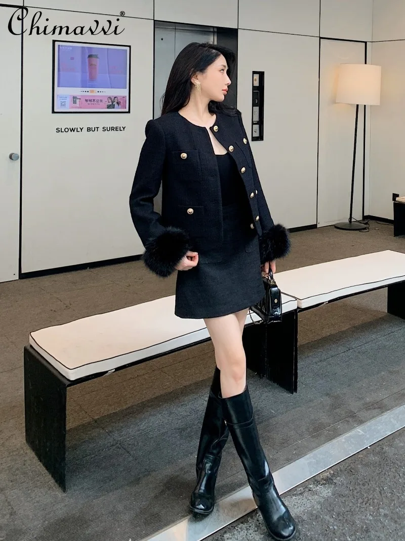 Outono inverno nova moda high-end peludo manga longa preto tweed jaqueta de cintura alta saia conjunto de duas peças elegante festa das mulheres terno