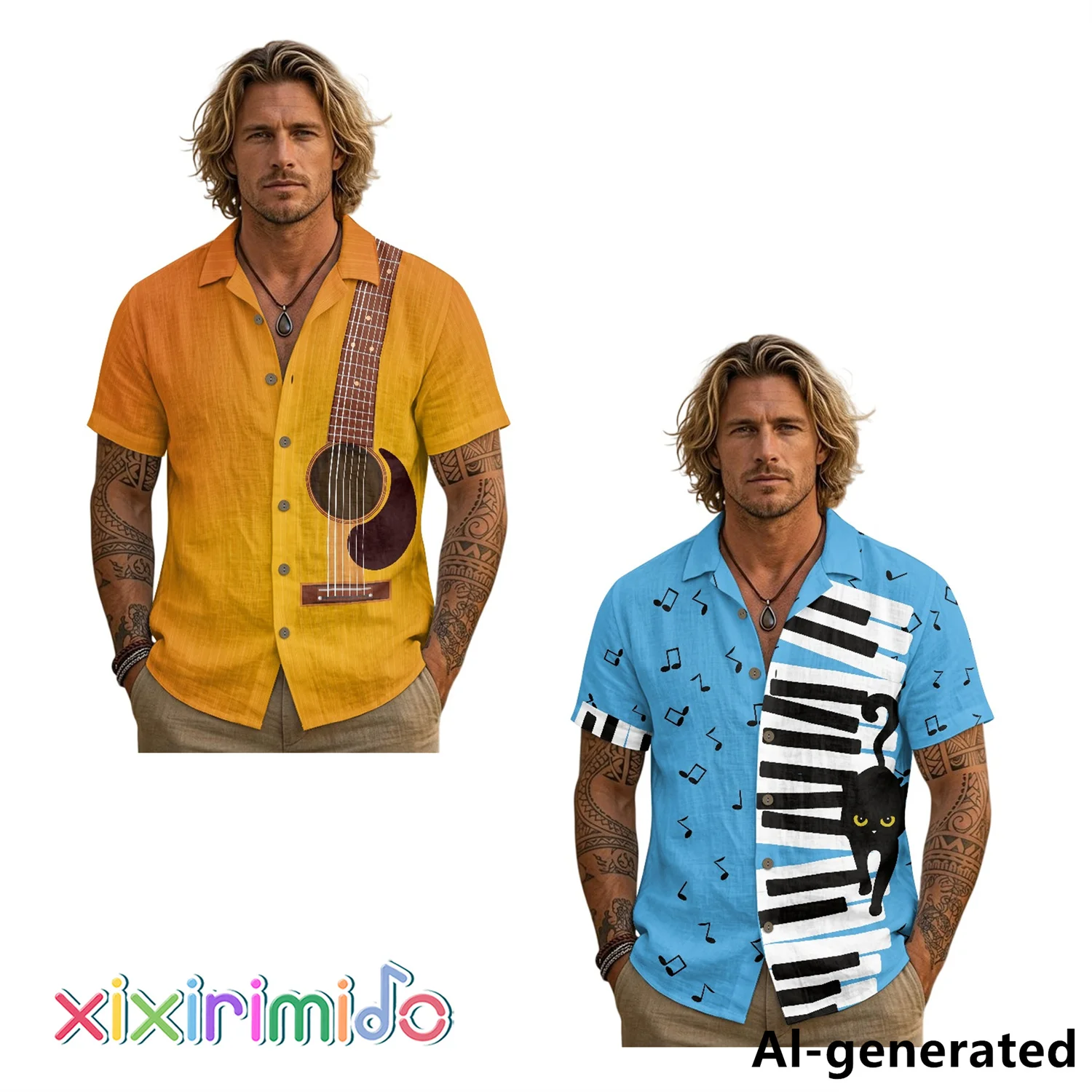 

XIXIRIMIDO Summer Men's Turn-Down Collar Button Linen Short-Sleeved Shirt Beach Music Festival Shirt Trendy Prints Plus Size Top