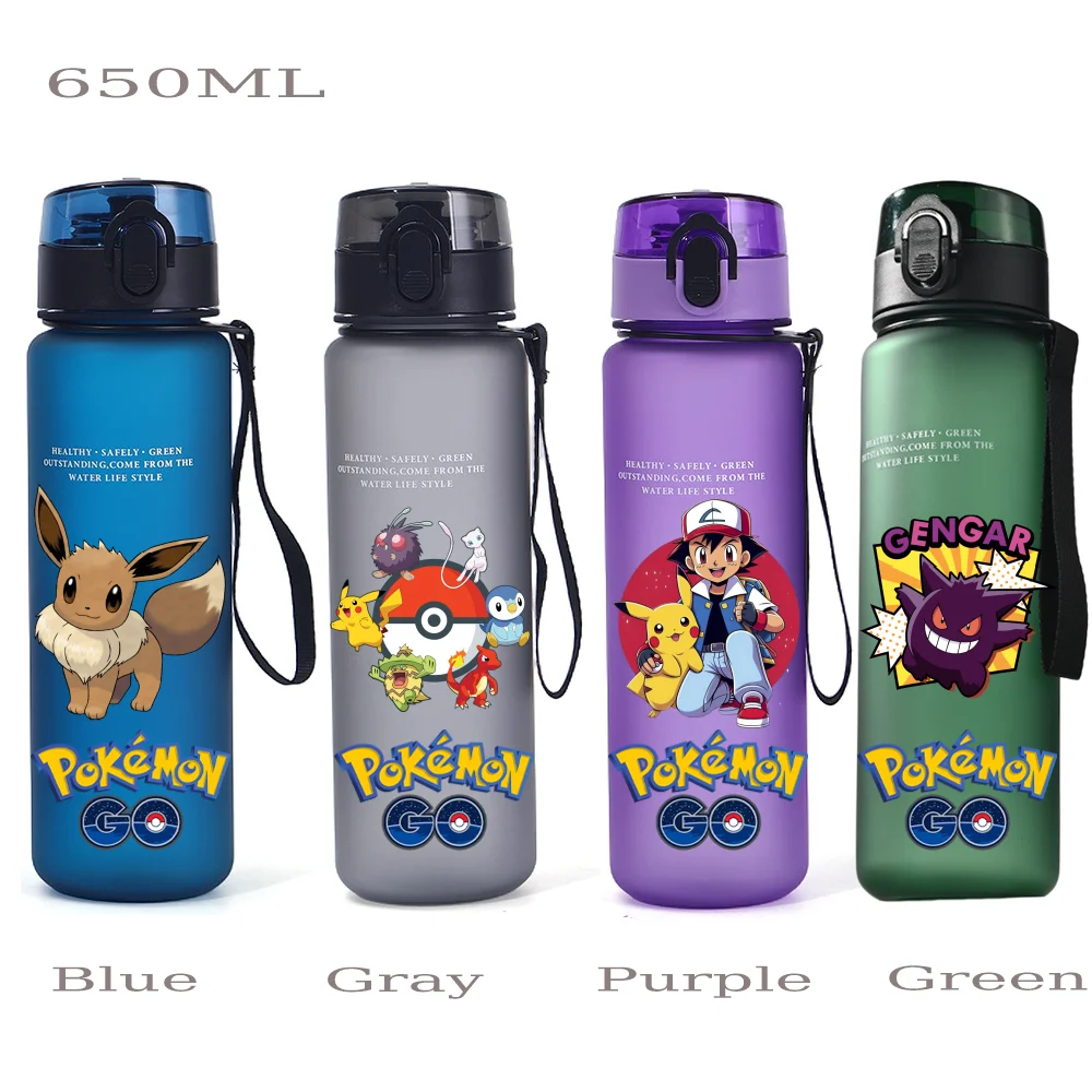 Anime 650 ml Pokemon-Wasserflasche, Pikachu-Cartoon-Druck, Kunststoff-Trinkbecher, tragbar, auslaufsicher, für Outdoor-Sport, Fitness, Wasserbecher