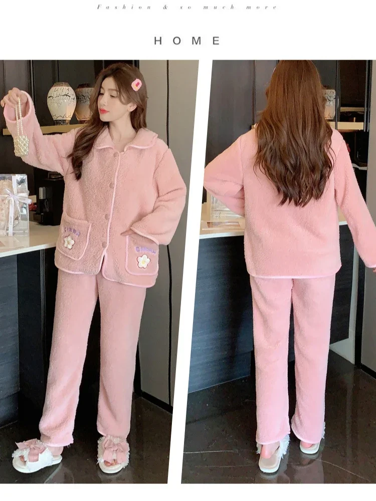 100KG 5XL Plus Size Winter Fleece Pajamas Set Women\'s Loose Cardigan Pant Home Suit Korean Sweet Warm Flannel Loungewear Suit