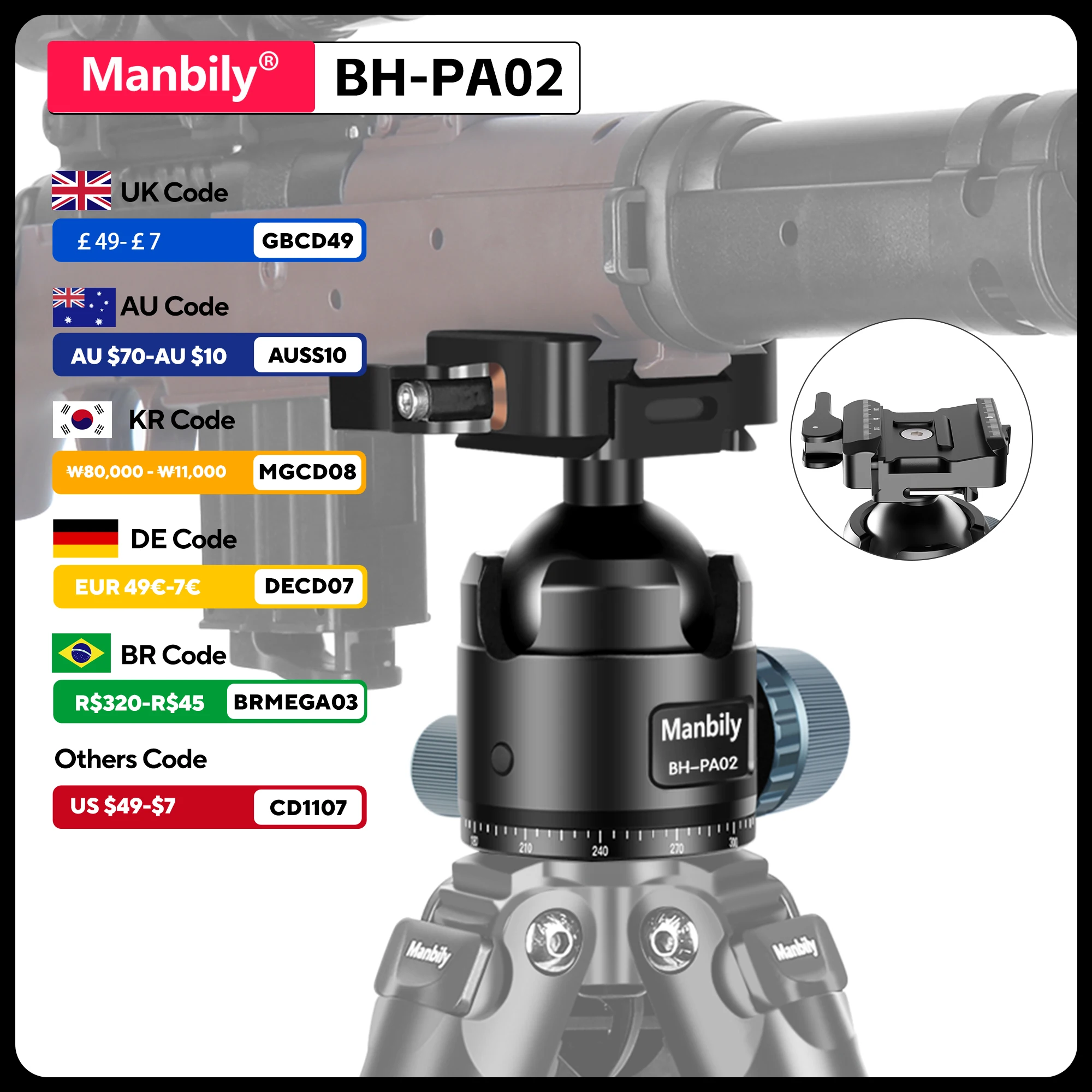 

Manbily Arca Swiss Ball Head Picatinny For Hunting shooting Tripod Photography Quick Release Clamp Mount Adapter Max Load 20kg