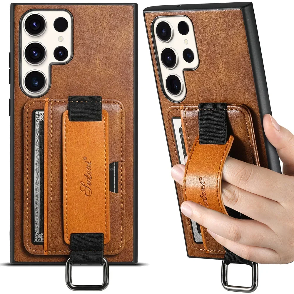 

Luxury Slim Premium Leather Phone Case for Samsung Galaxy S22 S23 FE S24 Ultra Plus Wrist Strap Wallet Card Slots Holder Cover