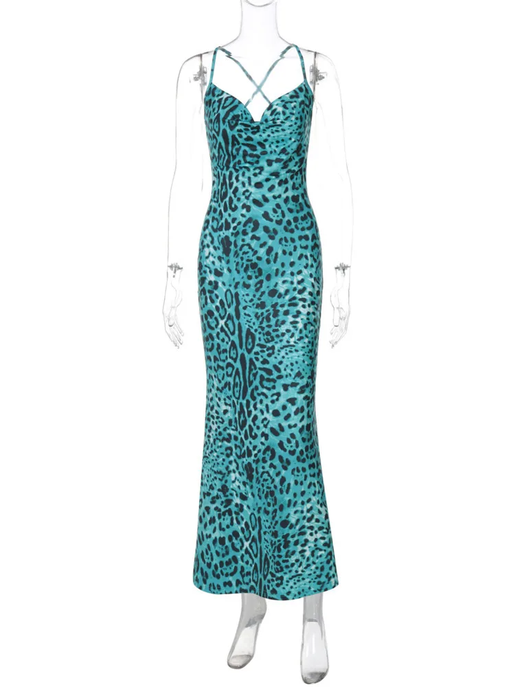 Mozision Leopard Print Spaghetti Strap Sexy Maxi Dress For Women Fashion Strapless Sleeveless Backless Printed Long Dress