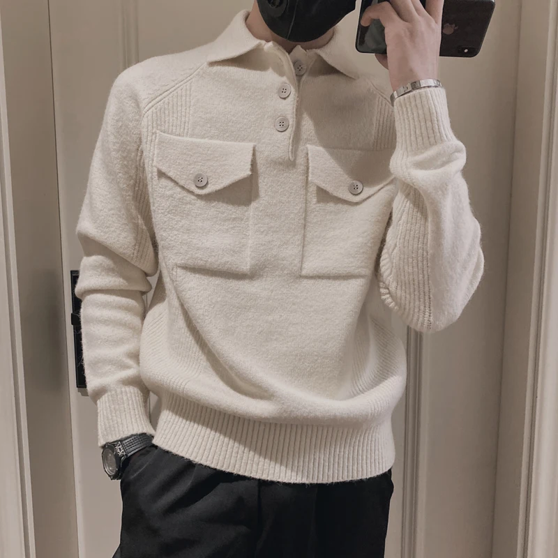 

Thiened Autumn Winter Men's Knitted Sweater Pure Color Workwear irt Versatile Casual V-ne Long Sve Slim Fit