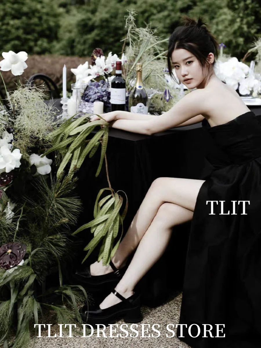 TLIT Simple Black Taffeta Evening Dress Strapless High Side Split Prom Gown Korea Wedding Dress Photo Shoot 이브닝 드레스 Customized