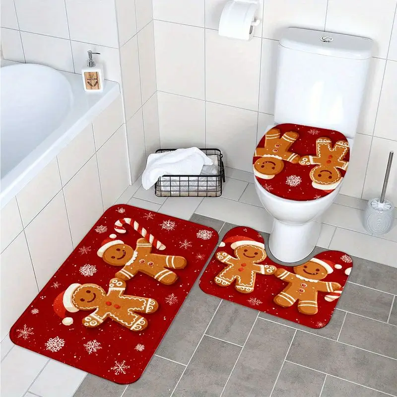 VIKAMA Christmas Bath Mat Gingerbread Man Snowflake Pattern Non Slip Absorbent Rug For Bathroom Shower Xmas Home Decoration