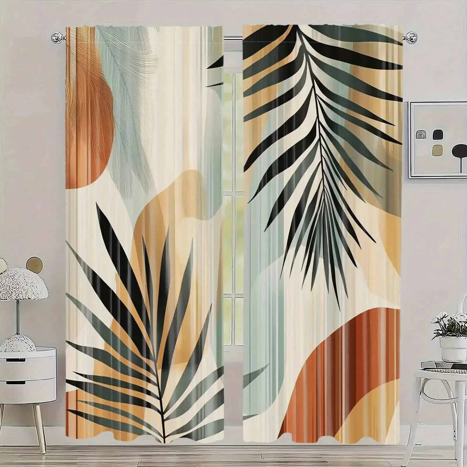 2pc Mid-century modern palm leaf pattern curtains, polyester fabric, suitable for bedroom living room decoration