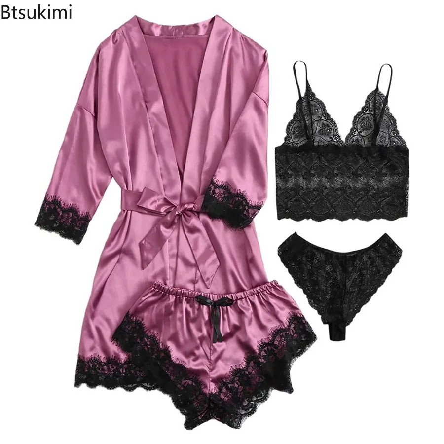 

Women's Sexy Satin Pajama Sets Fashion Lace Trim Suspenders Lingerie Sleepwear with Robe Homewear Four Pieces Ladies Loungewear