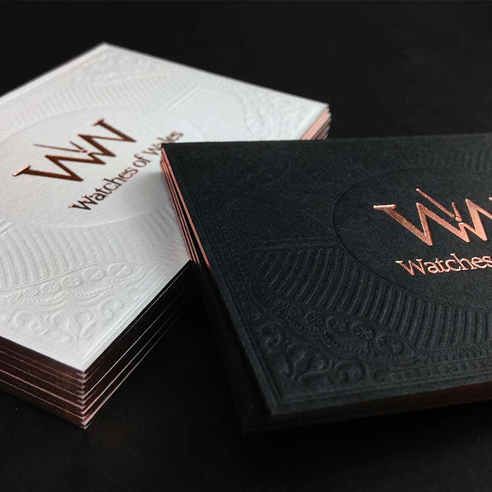 700Gsm Paper Black business card letterpress blind printing 2 side gold foil with gold edge thick paper cards