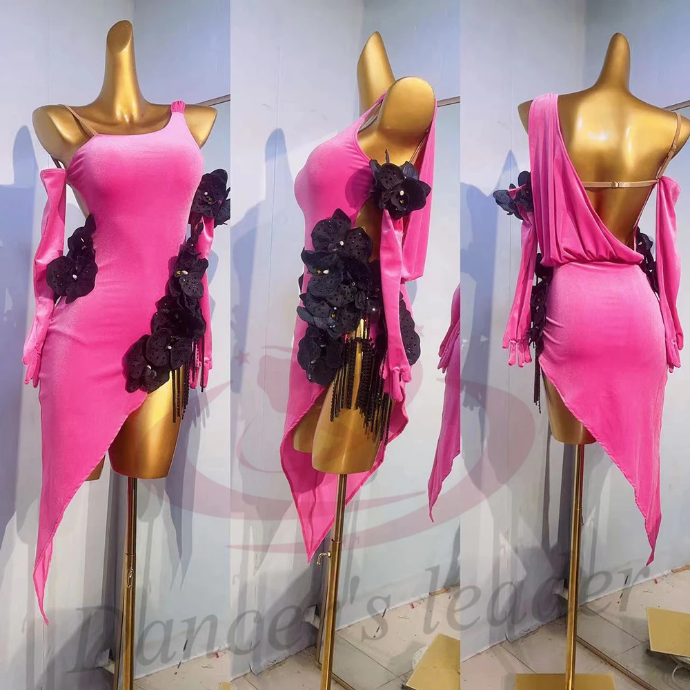 Latin Dance Costume AB Stone Female Adult Children High-End Customized Velvet Fabric Flower Suit Black Pool Samba Dress