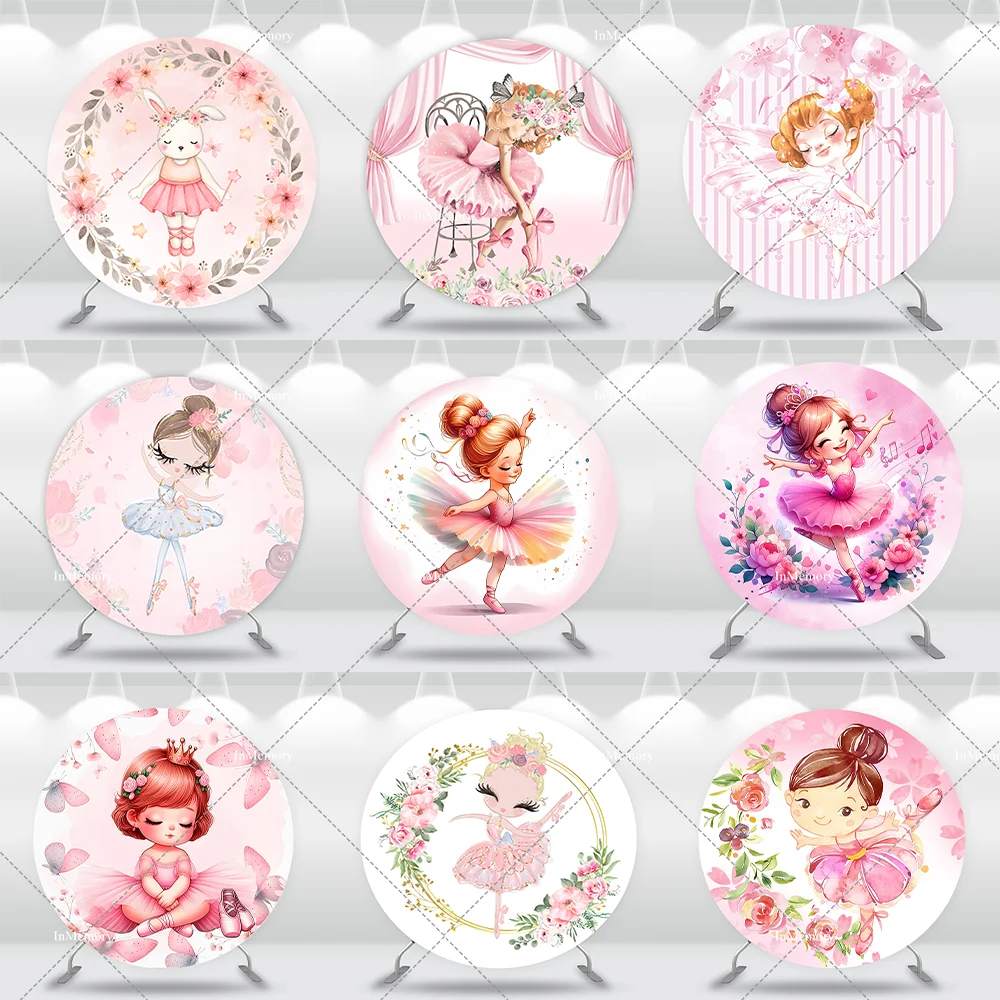 Girls Birthday Baby Shower Decoration Girls Dance Ballerina Round Backdrop Cover Flower Ballet Circle Banner Table Plinth Covers