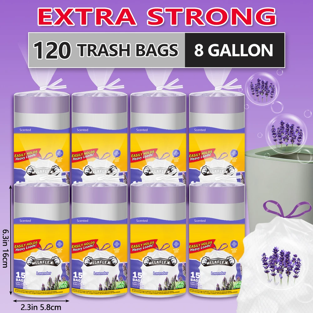 Xtratuff Medium Drawstring Trash Bags 8 Gallon Trash Bag Lavender Scent 120 Count Garbage Bags White Strong Rubbish Bag for Home