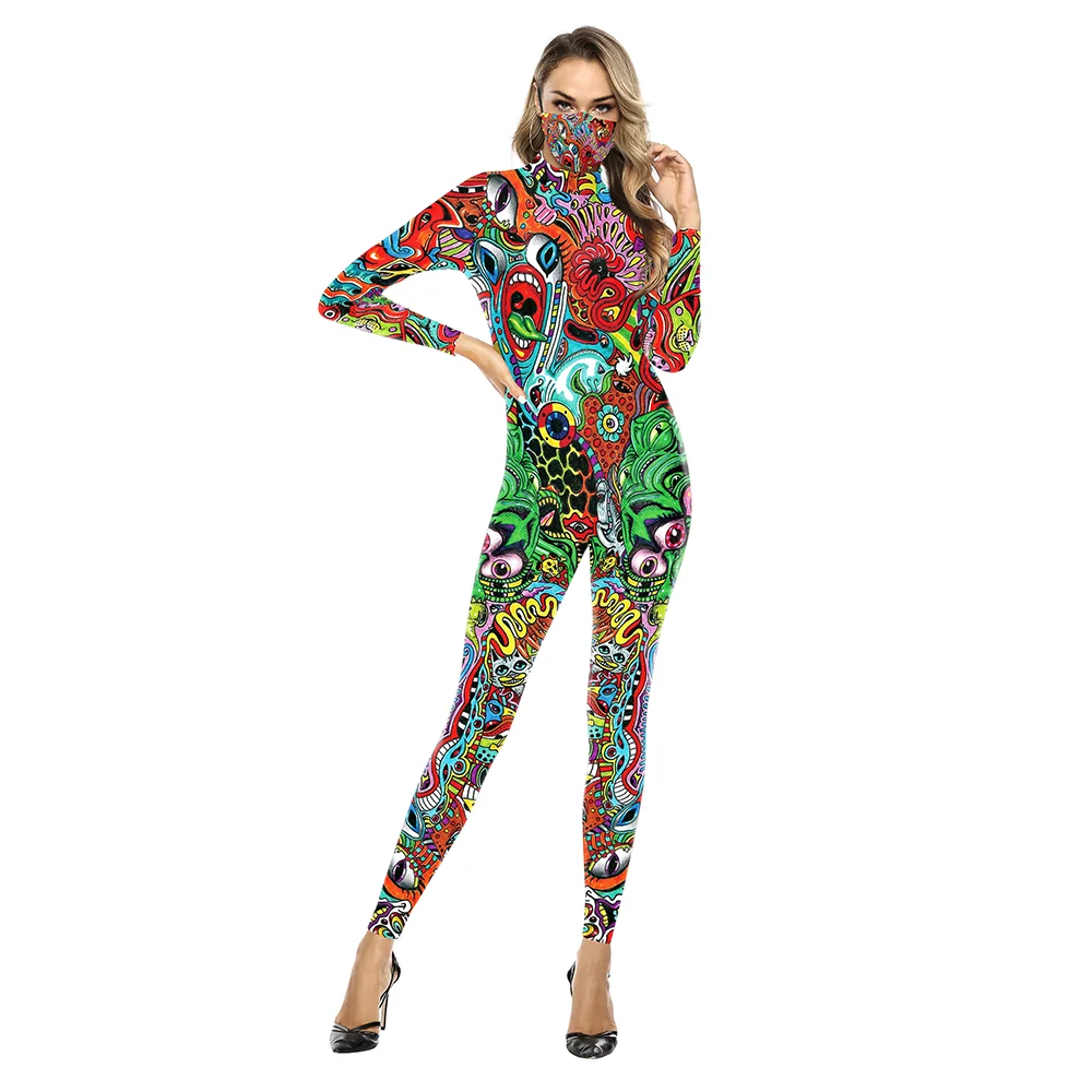 

Halloween Women's Weird Spoof Colorful Graffiti Jumpsuit Carnival Party Bodysuit Role Play Costume One-piece Printed Tights Slim