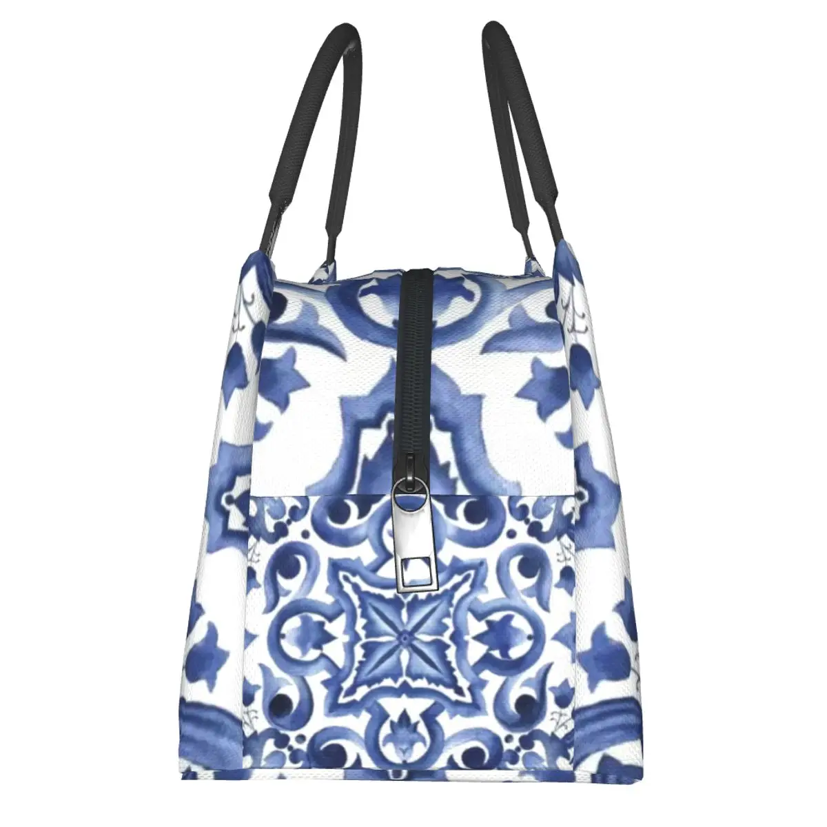 Bolsas de almuerzo de azulejo siciliano Mediterráneo Floral adornado azul, bolso de almuerzo portátil con aislamiento Bento Box para mujer, escuela para niños