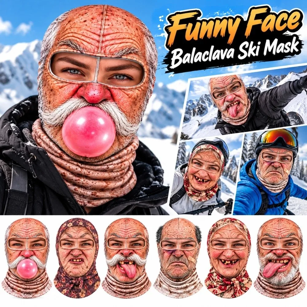 3D Face Printed Old Man Balaclava Face Mask Full Coverage Breathable Eye Hole Winter Mask Cover Elastic White Mustache