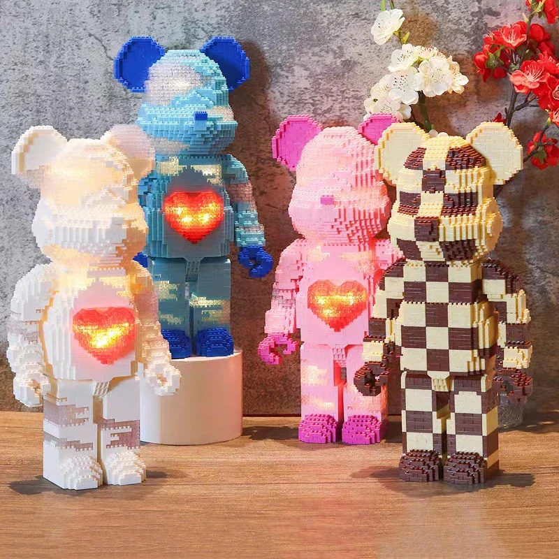 YKO Animal World Heart Plaid Bear Love Pet Doll LED Light Model Mini Diamond Blocks Bricks Building Toy For Children Gift No Box