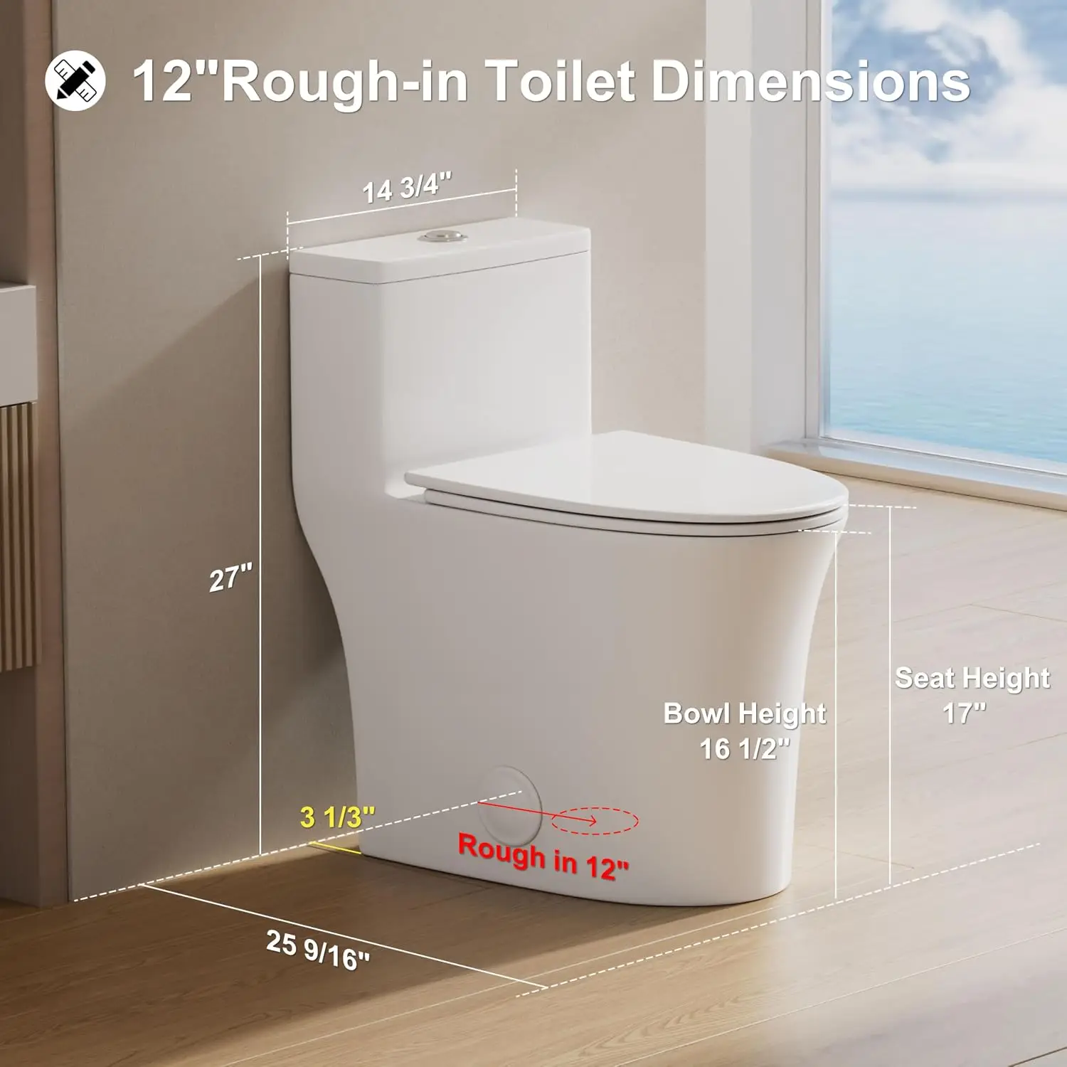 One Piece Sleek Modern Toilet, ADA Chair Seat Height 17