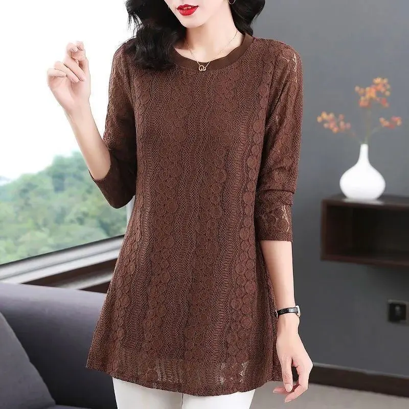 Elegant Fashion Spring Summer New Lace Solid Color Blouse Female Clothing Vintage Casual Hollow Out O-Neck Long Sleeve Shirt