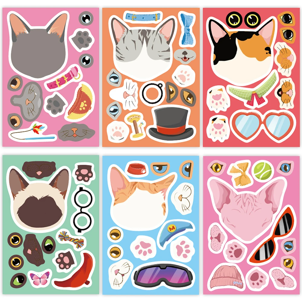 8/16 Blatt süße Katze Cartoon Puzzle Aufkleber süße Tier machen ein Gesicht Spielzeug Gesicht ändern Kinderspielzeug Telefon DIY Aufkleber
