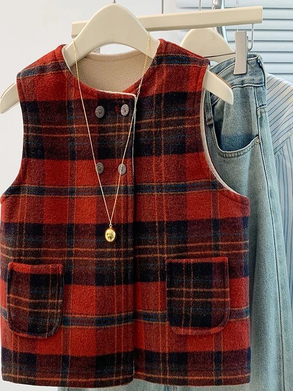 

Новый зимний красный шерстяной жилет в клетку, свободный модный многослойный топ, женский модный шерстяной жилет в клетку, удобная посадка