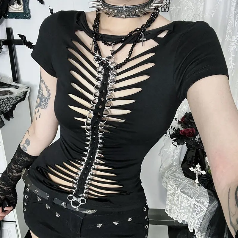 Eight Character Buckle Chain Front and Back Two on T-shirt Female Sexy Spicy Girl Hollow Top