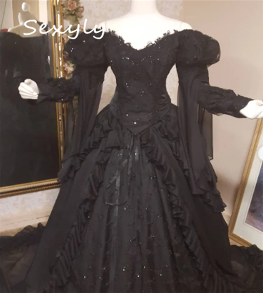 Medieval Black Gothic Wedding Dress Renaissance Off Shoulder Lace Lace Victorian Bridal Dresses Costume Bustle Bride Customized