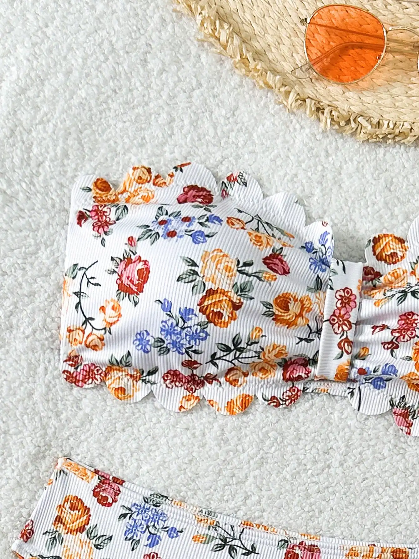 

Women Floral Ruffle Trim Strapless Bikini Set Summer Beach Vacation Swimwear