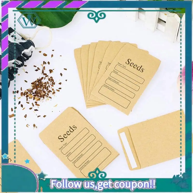 A75Q-200 Pcs Seed Envelopes 3.54 X 2.36 Inch Brown Kraft Paper Seed Packets Envelopes Resealable Self Sealing Seed Packets