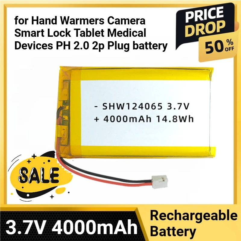 

124065 Polymer Lithium Battery 3.7V 4000mAh for Hand Warmers Camera Smart Lock Tablet Medical Devices PH 2.0 2p Plug