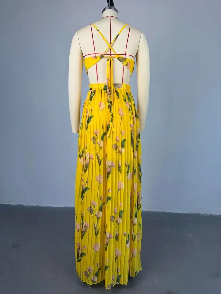 เดรสยาวพิมพ์ลายดอกไม้สุดหรู สายเดี่ยวแบบไม่มีสายคล้องไหล่ สำหรับผู้หญิง เหมาะสำหรับงานปาร์ตี้ริมชายหาด งานวันเกิด ดีไซน์เซ็กซี่ จับจีบ