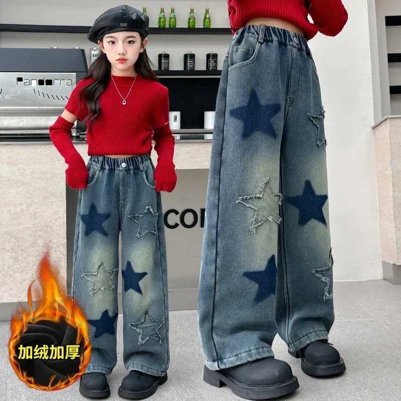 

Winter teen girls Thick velvet jeans junior kids Grinding Star Wide leg jeans child Warm Elastic Waist Pants adolescent trousers