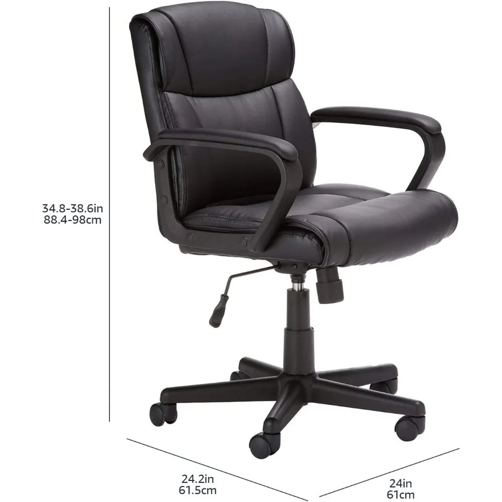 Office chair with padded armrests, mid-back, adjustable, 360-degree swivel, rolling, 275 lb capacity, faux leather