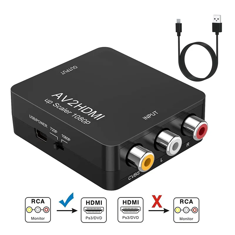 2X RCA To ,AV To  Converter,1080P Mini RCA CVBS Video Audio Converter Adapter PAL/NTSC For TV/PC/ PS3/ STB-AT36