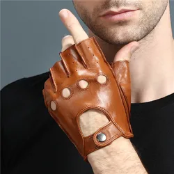 Leather gloves men's half finger fitness sports driving anti-skid strong wear-resistant driving retro motorcycle sheepskin glove