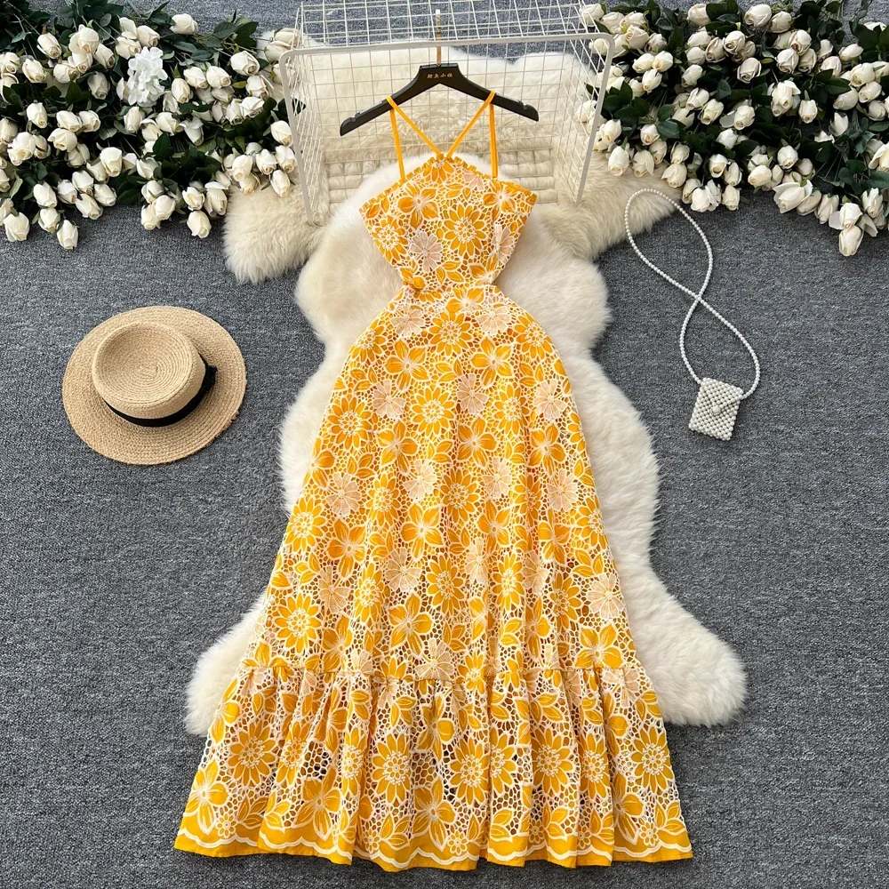 Elegant Embroidered Hook Flower Hollow Out Vintage Halter Chic Lace Slim Straps Dress Women Fashion Evening High Street Clothing