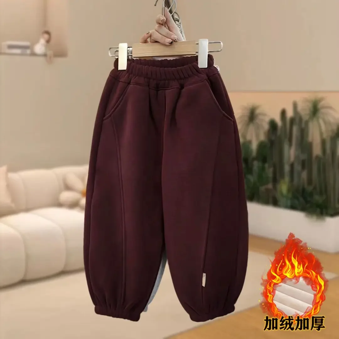 Toddler Kids Solid Color Casual Long Velvet lining Pants 2025 Winter Autumn Cotton Spor Wide Leg Trousers for Boys Girls 2-10Y