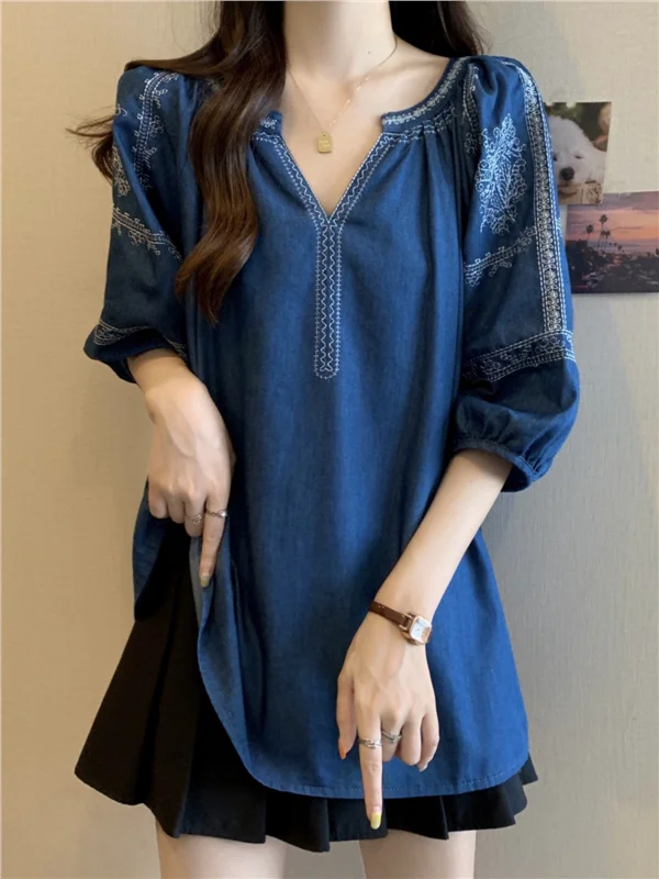 

Ele Blue V-Ne ort Sve Loose Fit Women's irt Summer Slimming Top Cover Stoh Five-Quarter Sve Blouse