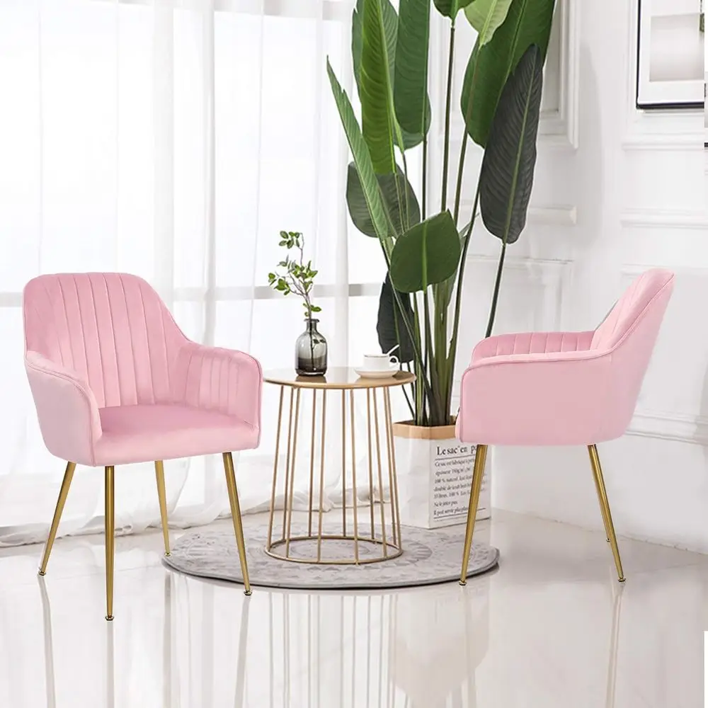 

Pair of Velvet Upholstered Dining Chairs with Gold Legs, Pink Living Room Accent Chairs