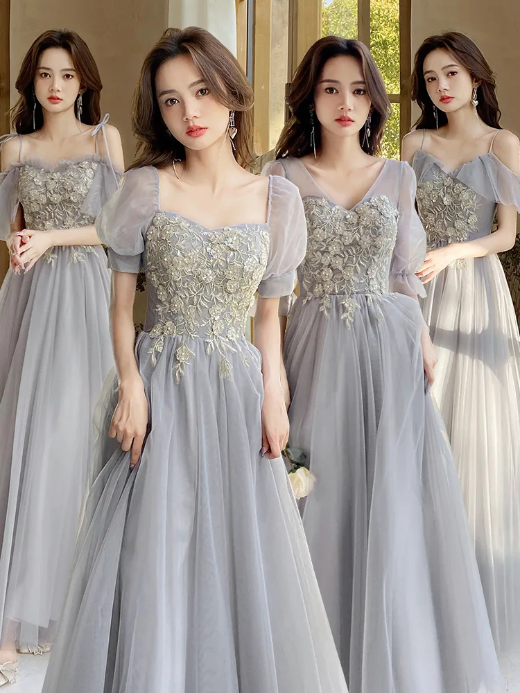 สีเทาชุดเพื่อนเจ้าสาวแต่งงานหญิงเกสต์ชุดเดรส Appliques Tulle ยาวงานแต่งงาน Gonws 4รูปแบบ