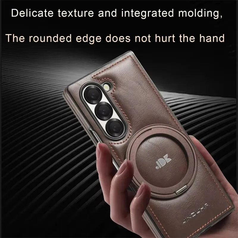 Leather Phone Case For Samsung Galaxy Z Fold 7 6 5 4 3 5G Magnetic 360° Rotating Metal Bracket Ring For Magsafe Shockproof Cover