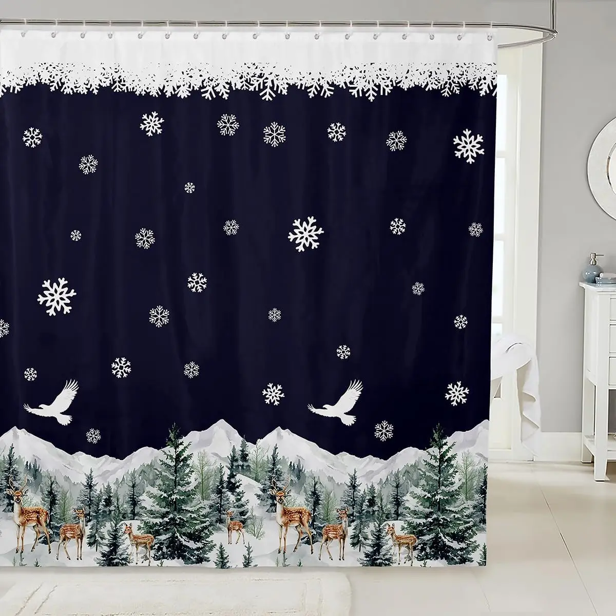 عيد ميلاد سعيد دش الستائر ندفة الثلج ستارة الحمام للأطفال النساء الرجال لطيف الغزلان اكسسوارات الحمام الأزرق مقاوم للماء