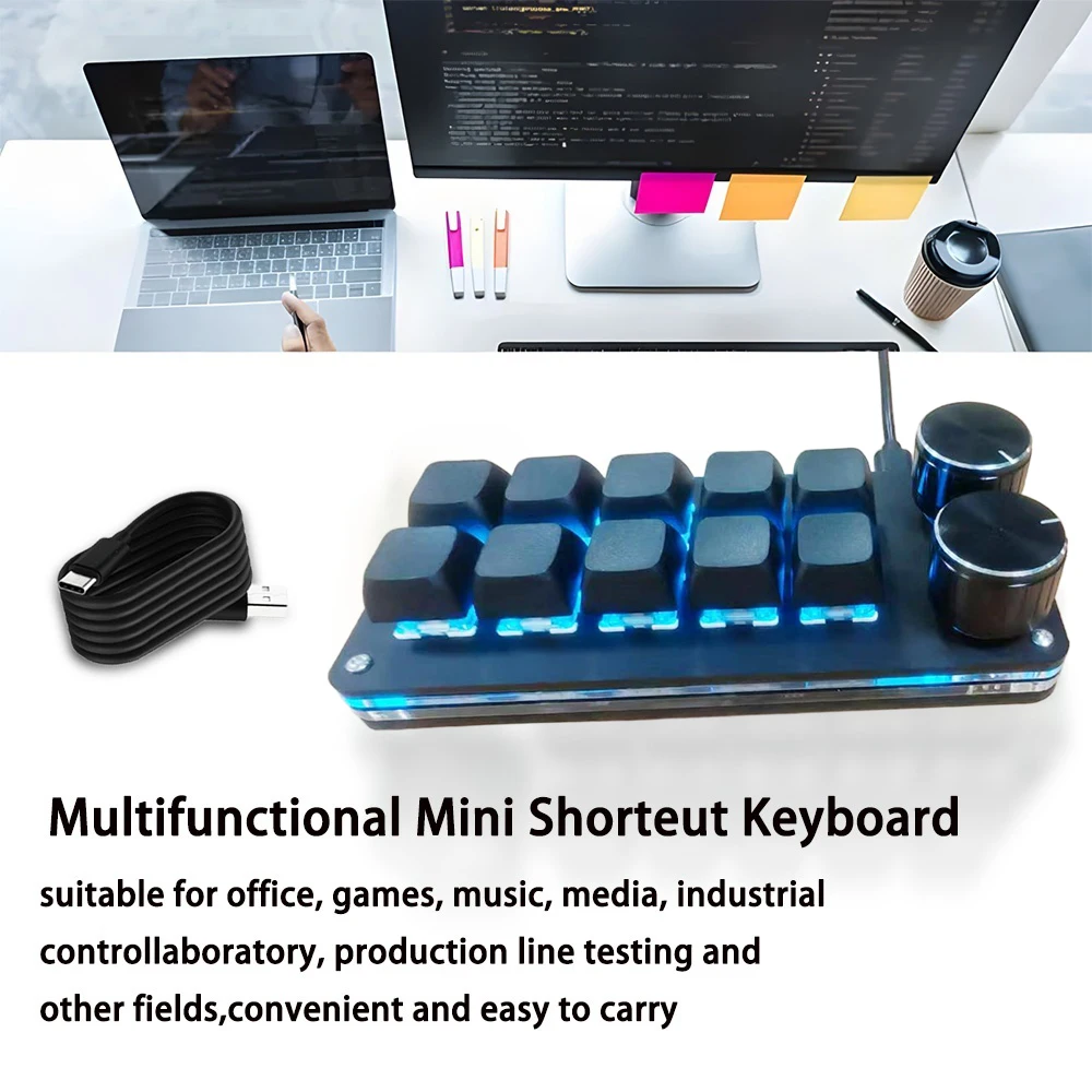 Botão duplo + 10 teclas multicamadas personalizáveis, design de escritório, entretenimento, finanças, selfie, hotkey, retroiluminado, acesso rápido