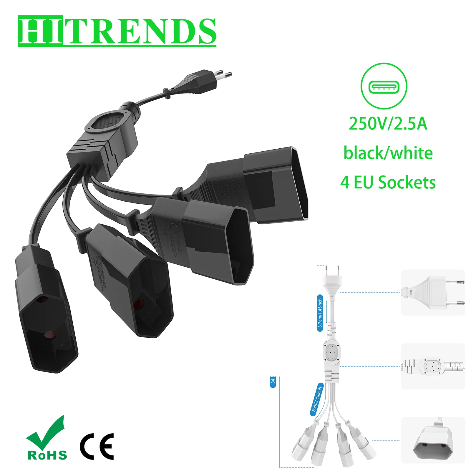 Euro Plug Extension Cable, 1 to 4 EU Extension Power Cable Type C Plug Euro Plug to Euro Socket 250V for TV Monitor Computer