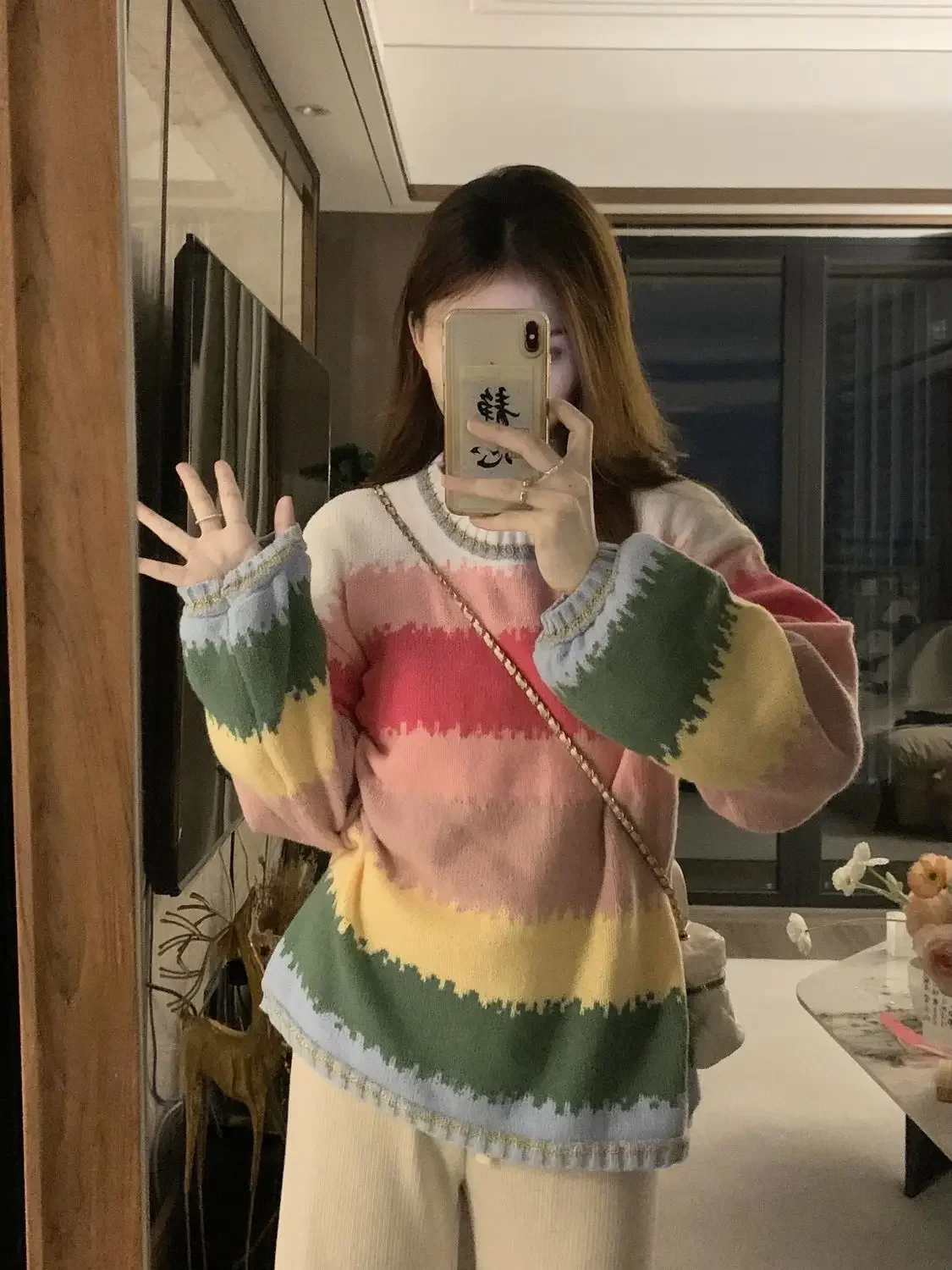 Autumn Design Sense Rainbow Striped Loose Top Plus Size Women's Korean Sweet Age-reducing Dopamine Pullover