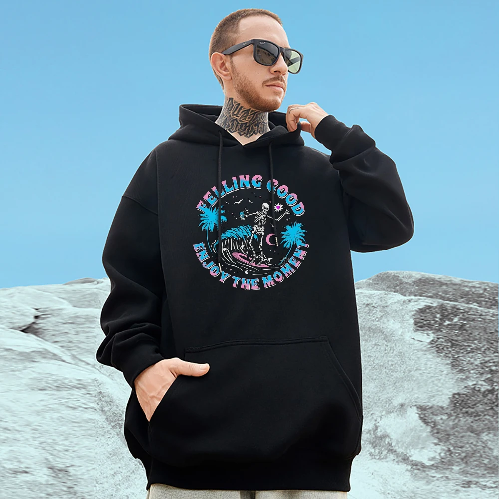 

Felling Good Enjoy The Moment Holiday Skull Surfing Male Pullover Personality Loose Sweatshirt Autumn Vintage Men Cotton Hoodies