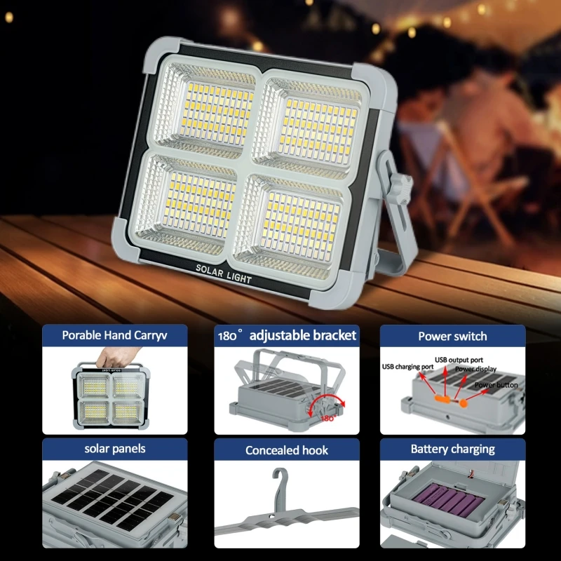 

Солнечная перезаряжаемая/солнечная рабочая лампа USB, 5 режимов освещения, лампа для кемпинга на открытом воздухе, ремонта автомобилей и домашнего ночного аварийного использования